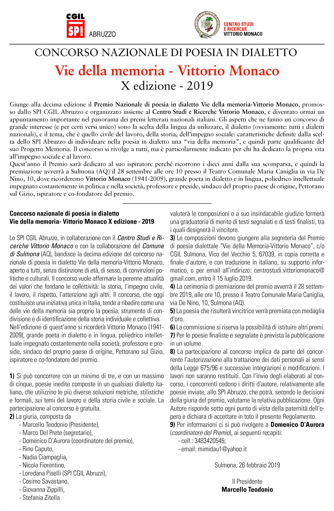 Pubblicato il bando della X Edizione del Premio Vie della Memoria-Vittorio Monaco