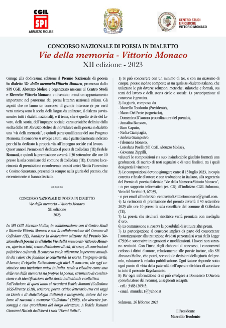 Pubblicato il bando della XII Edizione del Premio Vie della Memoria-Vittorio Monaco