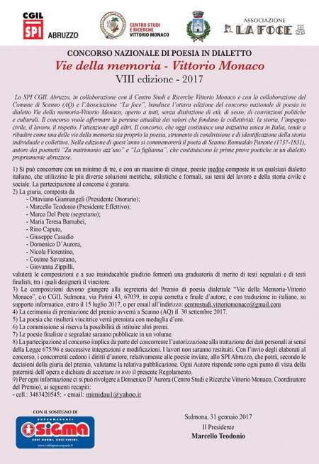 VIII Edizione del premio di poesia in dialetto &quot;Vie della memoria-Vittorio Monaco&quot;